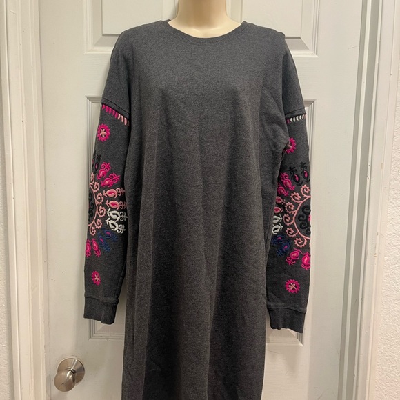BODEN Jasmine Gray Sweater Dress Embroidered Sleeves - Size 12 L/ 12 Long- EUC - Picture 5 of 12